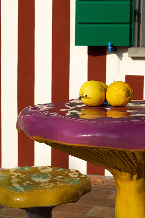 Seletti Amanita tafel en stoel paars geel