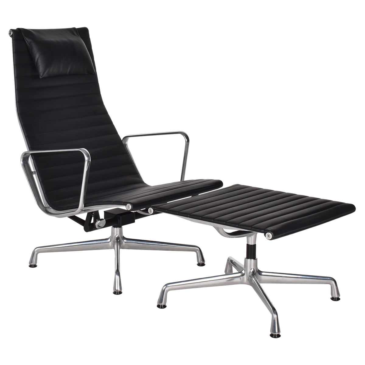 Vitra EA124 & EA125 fauteuil zwart leder gepolijst frame