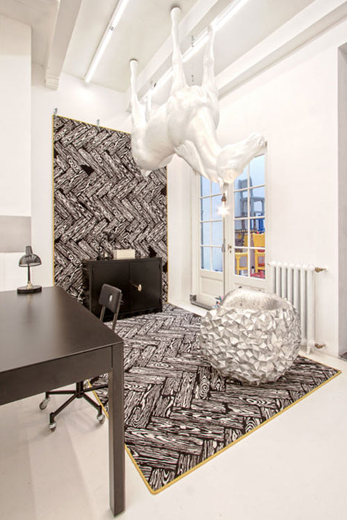 lensvelt carpet parquet job vloerkleed zwart wit geel