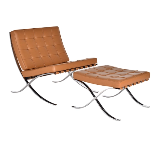 Knoll Barcelona chair en ottoman cognac leder